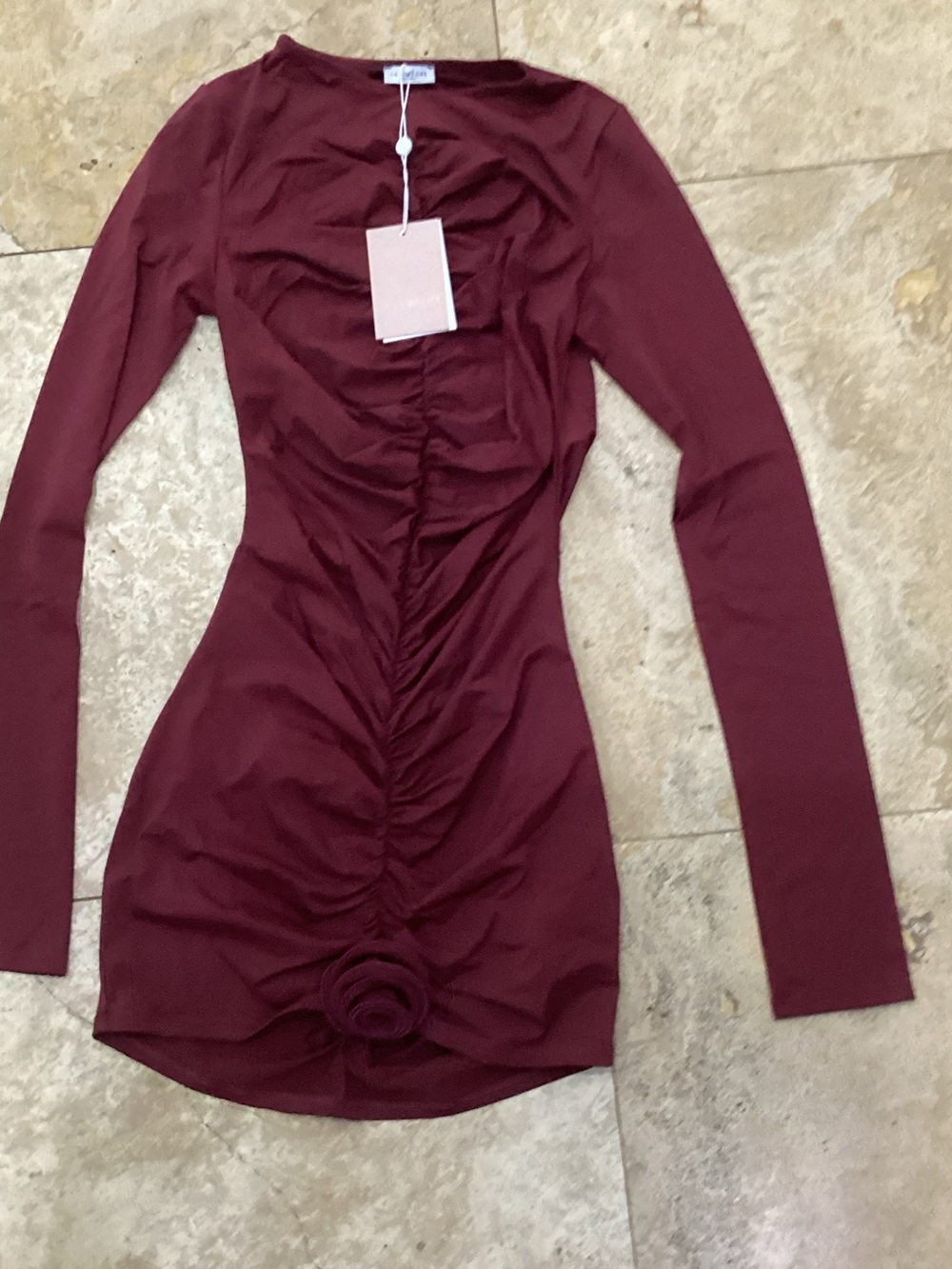 Ruched Long Sleeve Mini Dress in Burgundy - Women